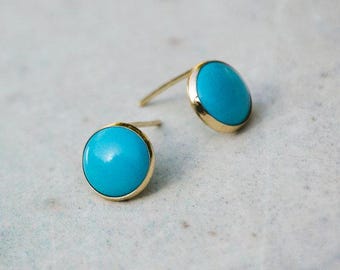 14K Turquoise Studs, Gold Turquoise Earrings, Gemstone Earrings, Solid Gold Earrings, Round Studs, 14K Gold Studs, Fine Jewelry, Turquoise