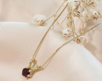 14Kt Solid Gold Necklace With Garnet, Round Gemstone Pendant Necklace, 14K Real Gold Box Chain, Dainty January Birthstone Pendant For Her