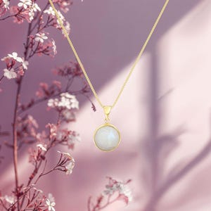 14K Solid Gold Moonstone Pendant Necklace, Round Natural Gemstone Fine Jewelry afbeelding 6
