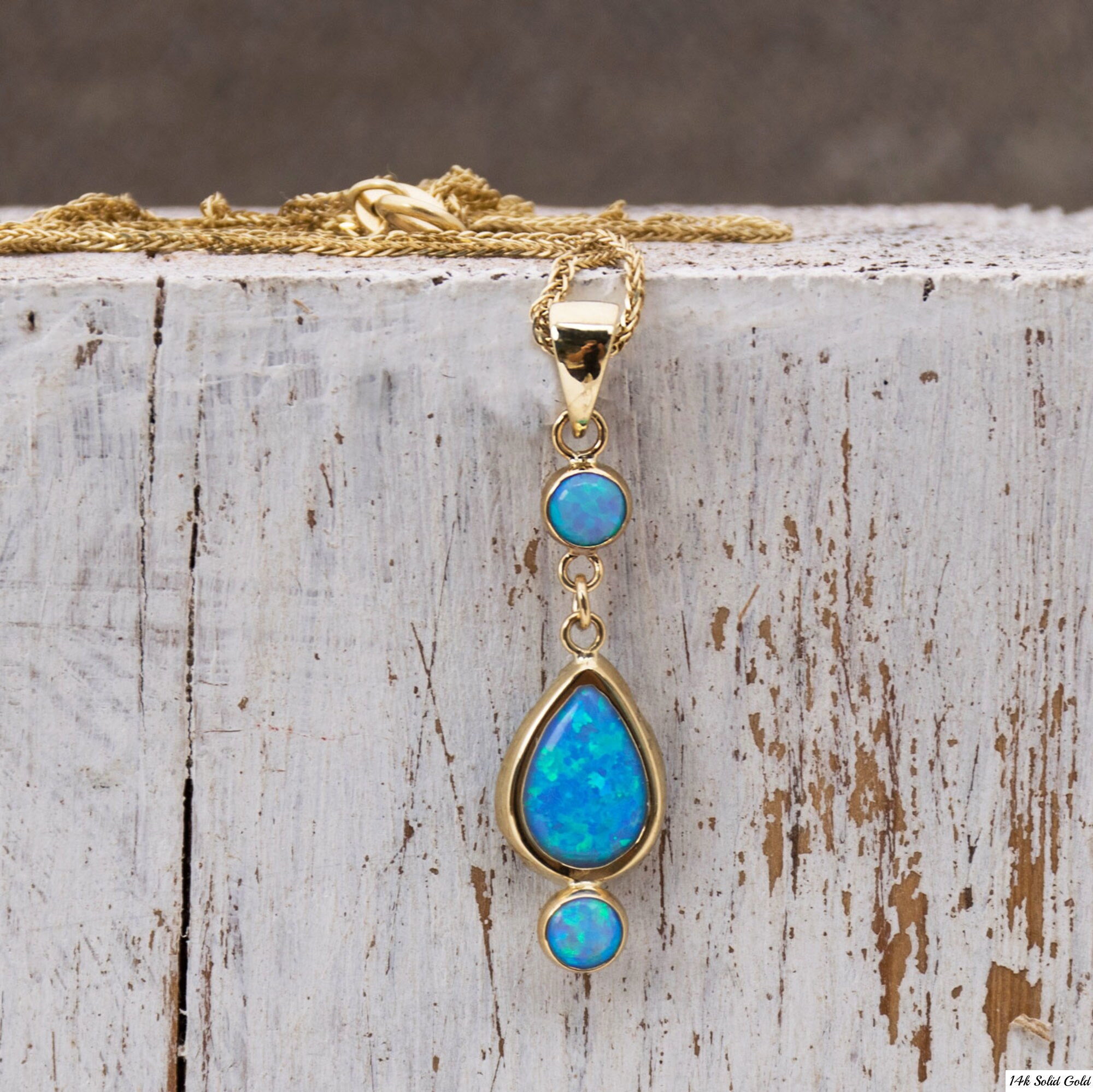 14K Gold Blue Opal Teardrop Pendant 7X10Mm Blue Opal Gemstone Etsy