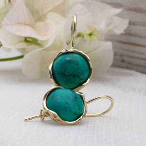 14K Yellow Gold Turquoise Dangle Earrings, Round Drop Earrings, Boho Statement Jewelry, Birthstone Jewelry, Gifts for Her, Birthday Gift