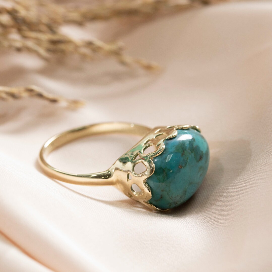 Turquoise Ring, Big Oval Ring, 14k Solid Gold Ring, Big Round Ring