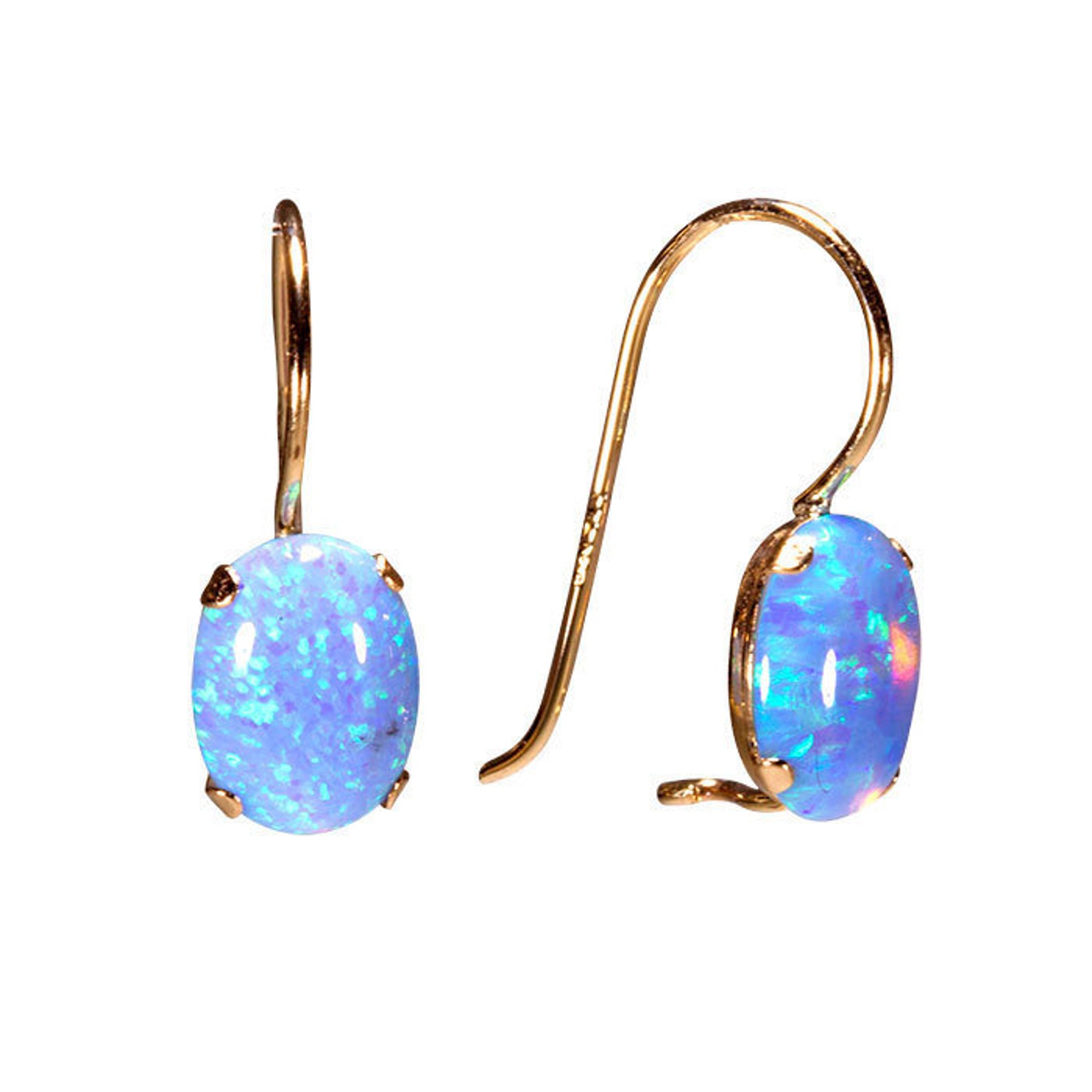 14k Gold Opal Drop Earrings 6x8 Mm White Blue Opal Gemstone Etsy