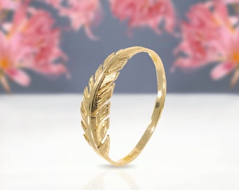 Feather Ring, 14K Solid Yellow Gold Ring, Feather Gold Ring, Thin Gold Ring, Delicate Ring, Solid Gold Ring, Gold Rings For Women, 14K Gold