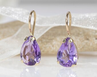 14k Amethyst Earrings, Pear cut earrings, Solid Gold Earrings, Gold Drop Earrings, Gemstone earrings, 14k Gold Earrings, Purple Earrings