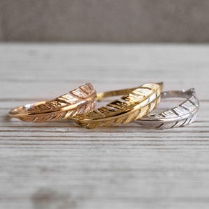 Gold Feather Ring, Dainty Gold Ring, Boho Wedding Band, Gold Thumb Ring, Leaf Ring, Solid Gold Ring, Knuckle Ring, 14k Real Gold, Stacked image 1