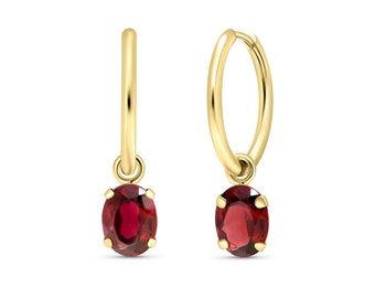 Red Garnet Drop Earrings In 14K Solid Gold • Oval Shaped Gemstone Hoop Earrings • 6X8Mm Stone Dainty Hoops • January Birthstone Earrings