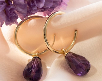 Amethyst Earrings, Hoop Gold Earrings, 14K Gold Earrings, Teardrop Gold Earrings, Dangle Earrings,Solid Gold Earrings, Drop Earrings, Purple