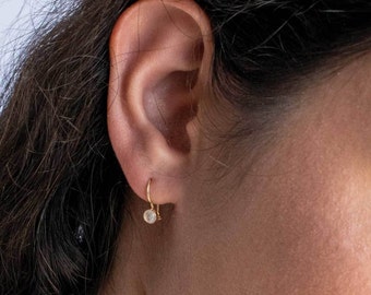 Moonstone Earrings, 14k Gold Earrings, Dainty Earrings, Gold Drop Earrings, Gemstone Earrings, Fine Jewelry, Round Earrings, Real Solid Gold