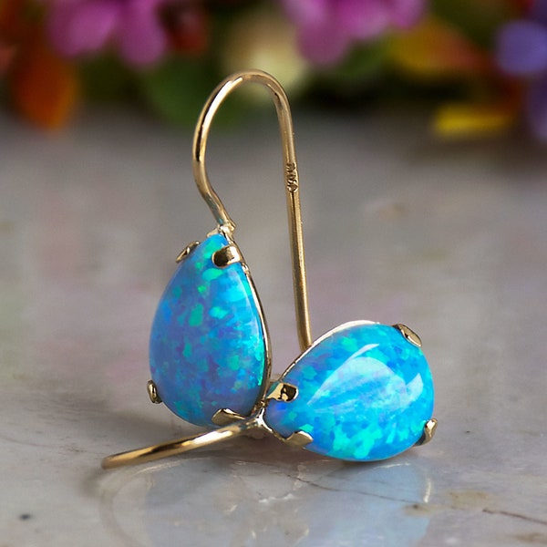 14K Yellow Gold Blue Opal Earrings - Teardrop Earrings - 14K Pear Earrings - Opal Earrings - 14K Yellow Gold Earrings - Natural Pear