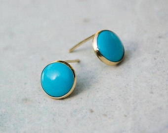 Turquoise Earrings For Women, 14K Gold Studs, Turquoise Jewelry, Small Earrings, Round Studs, Solid Gold Earrings, Gemstone Earrings, Gold