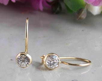 14K Solid Yellow Gold Earrings, CZ Drop Earrings, Tiny Gold Earrings, Solid Gold Earrings, Dainty Earrings, Bridal Earrings, Wedding Jewelry