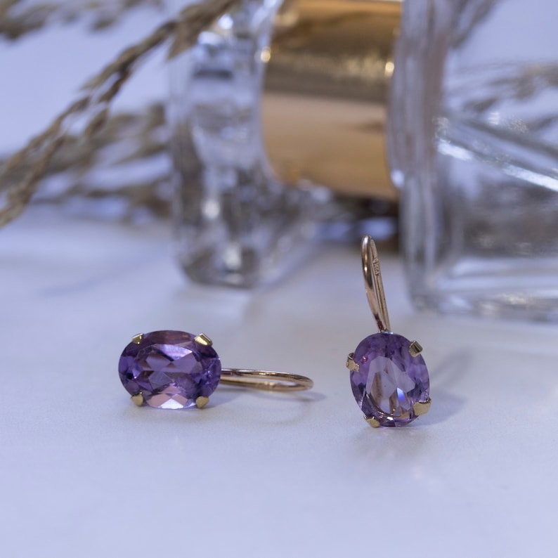 14K Solid Gold Gemstone Earrings, Amethyst Earrings, Purple Birthstone Earrings, Statement Earrings, Amethyst Jewelry, Mother's Day Gift image 3