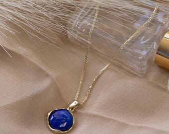 Lapis Lazuli Necklace, 14K Solid Yellow Gold Pendant, December Birthstone Necklace, Gold Necklace, Blue Necklace, Lapis Necklace, Wife Gift