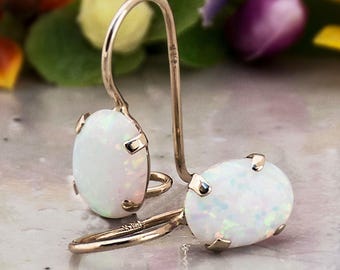 14K Opal Earrings, Opal Drop Earrings, 14K Gold Earrings, October Birthstone, Solid Gold Earrings, White Opal Jewelry, Gold Jewelry
