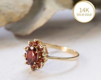 Gold Garnet Ring, Halo Engagement Ring, Flower Gemstone Ring, 14k Solid Gold, Gold Ring Woman, Solid Gold Ring, Real Gold Ring, January Gift