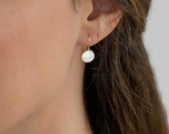 White Opal Earrings, Gemstone Earrings, 14K Gold Opal Earrings, October Birthstone, Wedding Jewelry, Gold Drop Earrings, Dainty Earrings