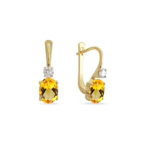 14K Solid Gold Natural Citrine Dangle Earrings with White CZ, Golden Yellow Gemstone Jewelry, Elegant Drop Earrings, Luxury Gift for Her