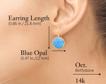 14K Gold Opal Drop Earrings For Women, 12Mm Blue Opal Round Gemstone Earrings, Ear Wire Closure Dangle Earrings For Women, Bezel Setting