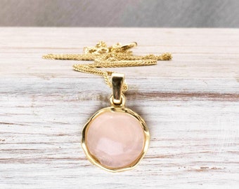 Collar de cuarzo rosa, collar colgante de oro de 14K, collar de oro macizo para mujer, collar de piedras preciosas de oro, joyería de cuarzo rosa, joyería fina