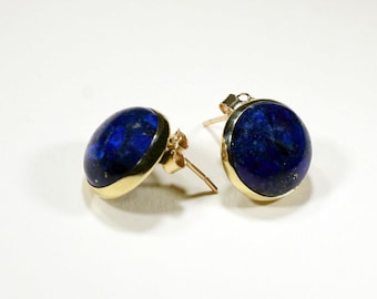 Lapis Lazuli Earrings, 14K Yellow Gold Stud Earrings, 12 Mm Blue Gemstone, Gemstone Stud Earrings, Vintage Jewelry, Gift For Her, Handmade