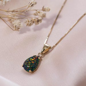 Black Opal Necklace, Opal Pendant Necklace, Opal Teardrop Necklace, 14K Gold Pendant Necklace, Solid Gold Necklace Women, Dainty Necklace