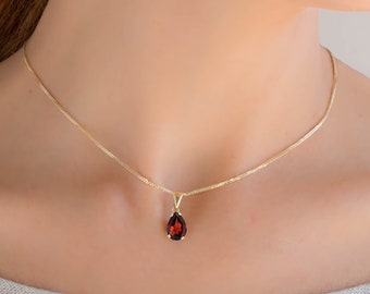 Garnet Pendant Necklace, Teardrop Pendant Necklace, 14K Gemstone Necklace, Solitaire Necklace, Solid Gold Necklace, January's Birthstone