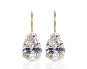 14K Yellow Gold White CZ Earrings - Cubic Zirconia Earrings - 14K Pear Earrings - 14K Dangle Earrings -Natural Handmade gift for women