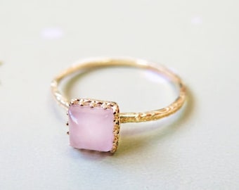 14K Yellow Gold Dainty Ring With Pink Natural Rose Quartz Gemstone - Gemstone Rings, Fine Ring, Dainty Ring, Pink Gemstone, Birthstone Ring