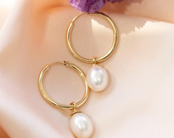 Gold Pearl Earrings, Solid Gold Earrings, Bridal Earrings, Pearl Hoop Earrings, Teardrop Earrings, Real Gold Earrings, Dangle Earrings