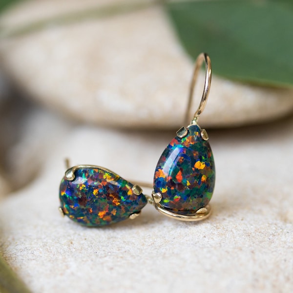 14k Gold Black Opal Teardrop Earrings, Opal Jewelry, October Birthstone, Black Stone Earrings, Gemstone Drop Earrings, Earrings For Women