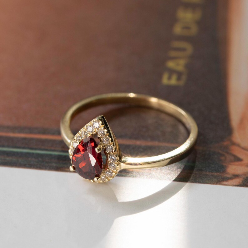 Garnet Ring, 14k Solid Gold Ring, Teardrop Gold Ring, Garnet Engagement Ring, Halo Gold Ring, Multi Stone Ring, January's Birthstone, CZ image 7