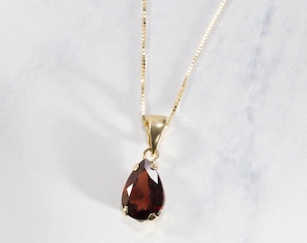 14K Yellow Gold Pendant Gemstone Teardrop Red Garnet, Handmade Gift For Her, Dainty Birthstone Necklace For Women