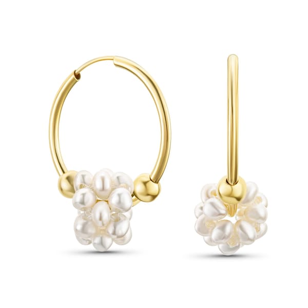 Gold Pearl Earrings, Solid Gold Earrings, Bridal Earrings, Pearl Hoop Earrings, Real Gold Earrings, Dainty hoops, Modern hoop earrings, 14k