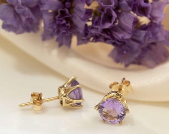 14k Amethyst studs, Solid Gold Earrings, February's Birthstone, Dainty Gold Studs, Gold Earrings for Women, Round Gold Studs, Purple gems
