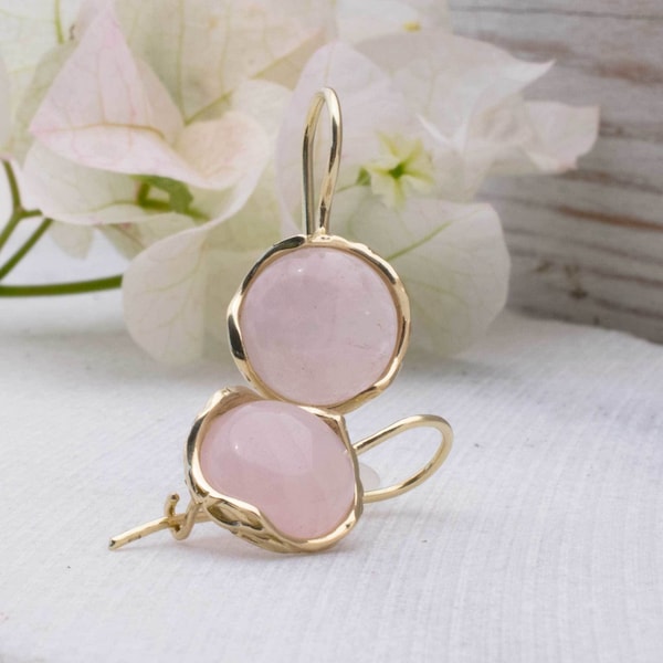 14K Yellow Gold Rose Quartz Earrings,,,, AditaGold Jewelry Handmade