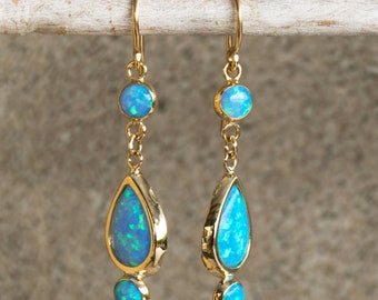 Long Gold Earrings, Blue Opal Earrings, Teardrop Earrings, 14K Gold Earrings For Women, Gemstone Earrings, October Birthstone, Fine Jewelry