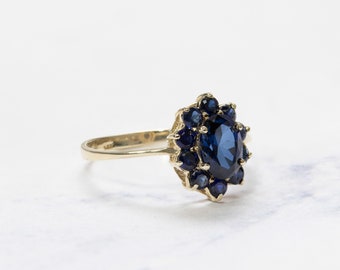 Gold Sapphire Ring, Flower Gemstone Ring, Real Gold Jewelry, Blue Engagement Ring, Solid Gold Ring, 14K Statement Ring, Oval Halo Ring