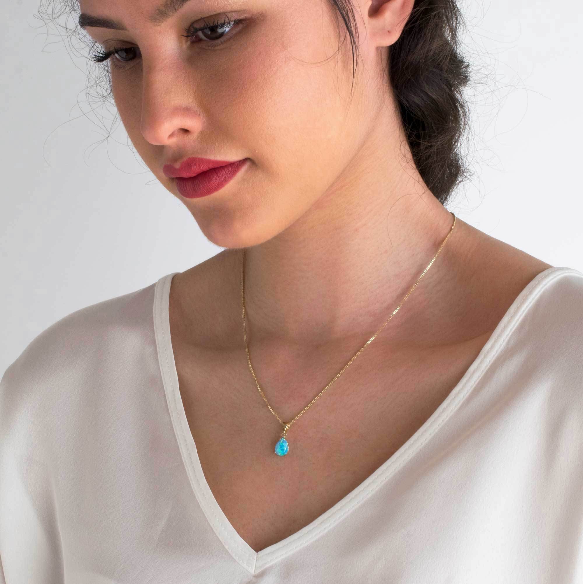 Teardrop Blue Opal Pendant 14k Gold 