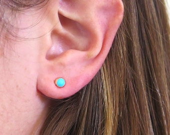 14K Solid Yellow Gold Turquoise Stud Earrings, 4 Mm Round Turquouse Dainty Earrings, Tiny Studs, December Birthstone, Promise Jewelry