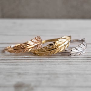 Gold Feather Ring, Dainty Gold Ring, Boho Wedding Band, Gold Thumb Ring, Leaf Ring, Solid Gold Ring, Knuckle Ring, 14k Real Gold, Stacked