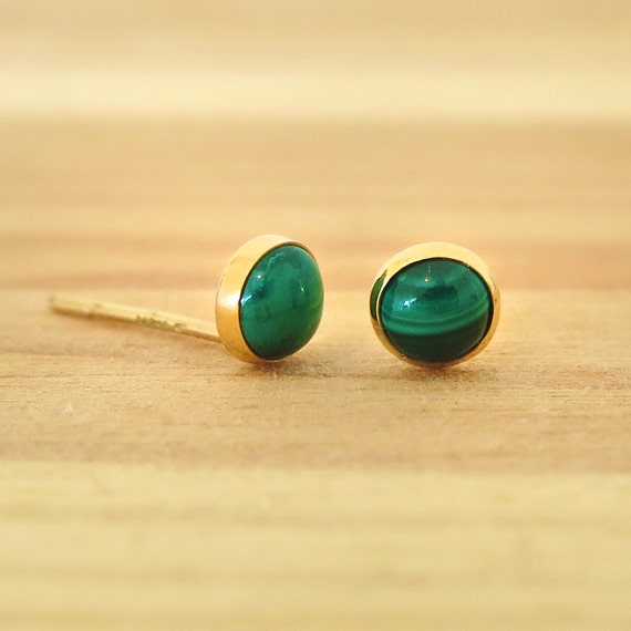 Malachite Earrings 14K Real Gold Earrings Gold Stud | Etsy