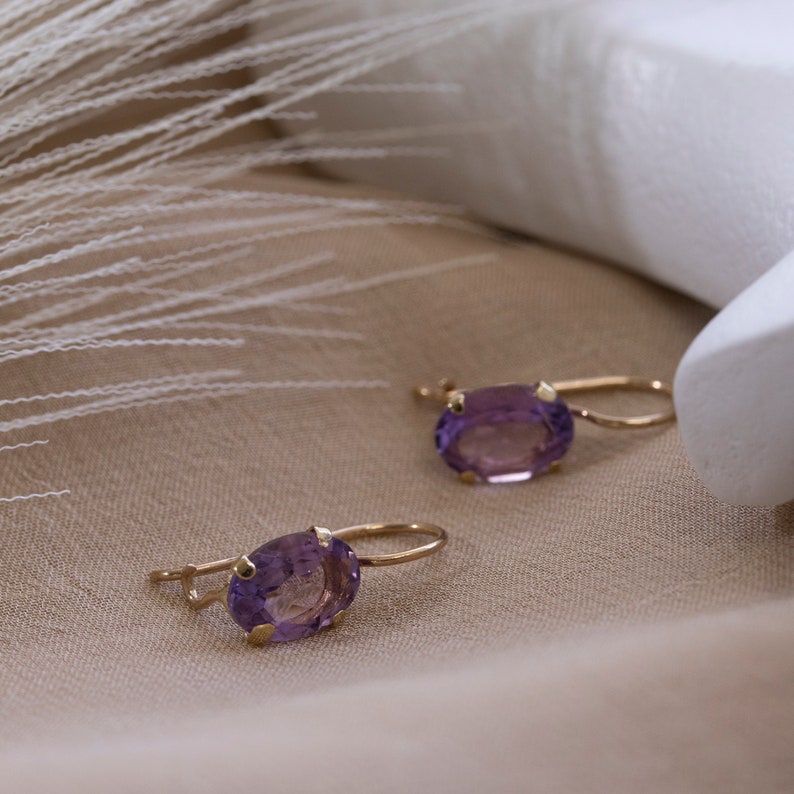 14K Solid Gold Gemstone Earrings, Amethyst Earrings, Purple Birthstone Earrings, Statement Earrings, Amethyst Jewelry, Mother's Day Gift image 9