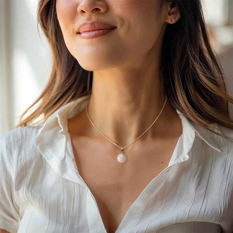 14K Solid Gold Moonstone Pendant Necklace, Round Natural Gemstone Fine Jewelry afbeelding 9