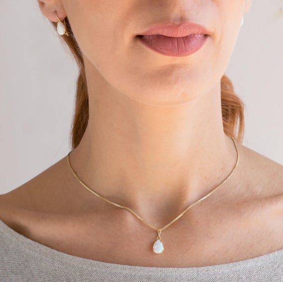 14K Gold Opal Pendant, White Opal Necklace, Teardrop Opal
