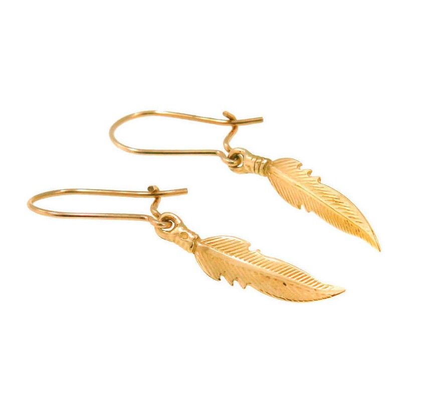 Gold Feather Earrings 14K Gold Dangle Earrings 14K Gold Etsy