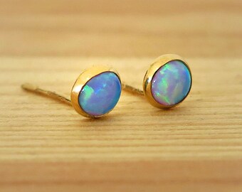 14K Gold Opal Studs | Blue Opal Earrings | Gold Stud Earrings | 14K Gold Earrings | Gold Studs | Tiny Opal Earrings | October Birthstone