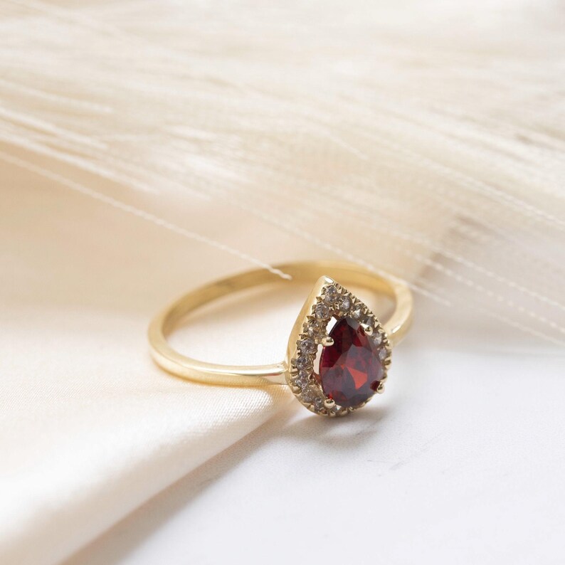 Garnet Ring, 14k Solid Gold Ring, Teardrop Gold Ring, Garnet Engagement Ring, Halo Gold Ring, Multi Stone Ring, January's Birthstone, CZ image 8
