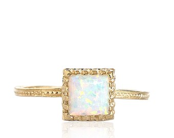 White Opal ring, 14K Solid Gold Ring, October Birthstone, Square Gemstone Gold Ring, Solitaire Opal Ring, Yellow Gold Ring, Unique Gift