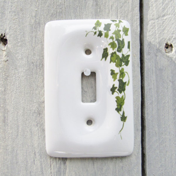 White Porcelain Ivy Switch plate, Shabby Chic decor, Cottage White Garden decor, English Cottage green & white lighting, French Country